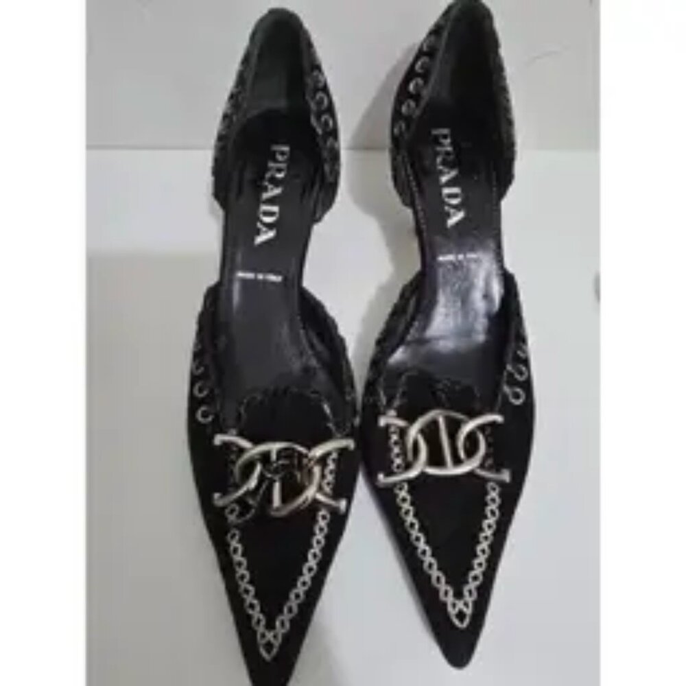 Prada Black Suede Pointed Heels – Chain  Detail